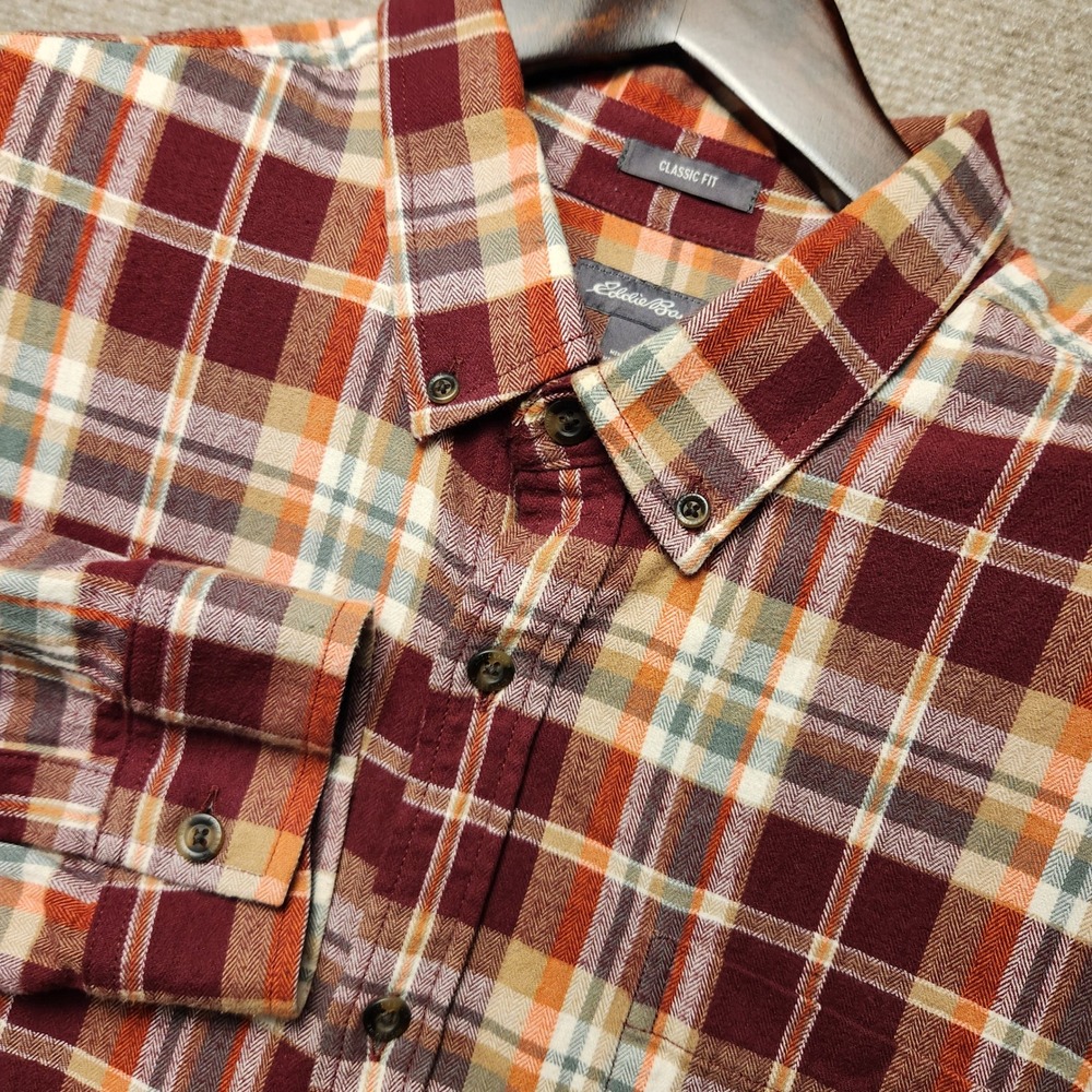 Eddie Bauer Button Down Mens 2XL Burgundy Orange Plaid Flannel Classic Fit Shirt